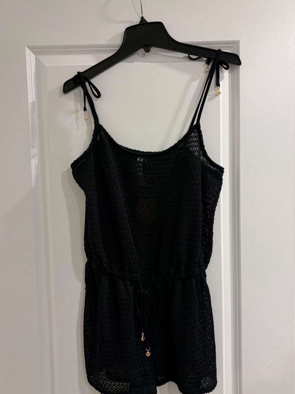 Women’s Black Crochet Tie-Strap One-Piece Romper Bathing Suit Cover Up